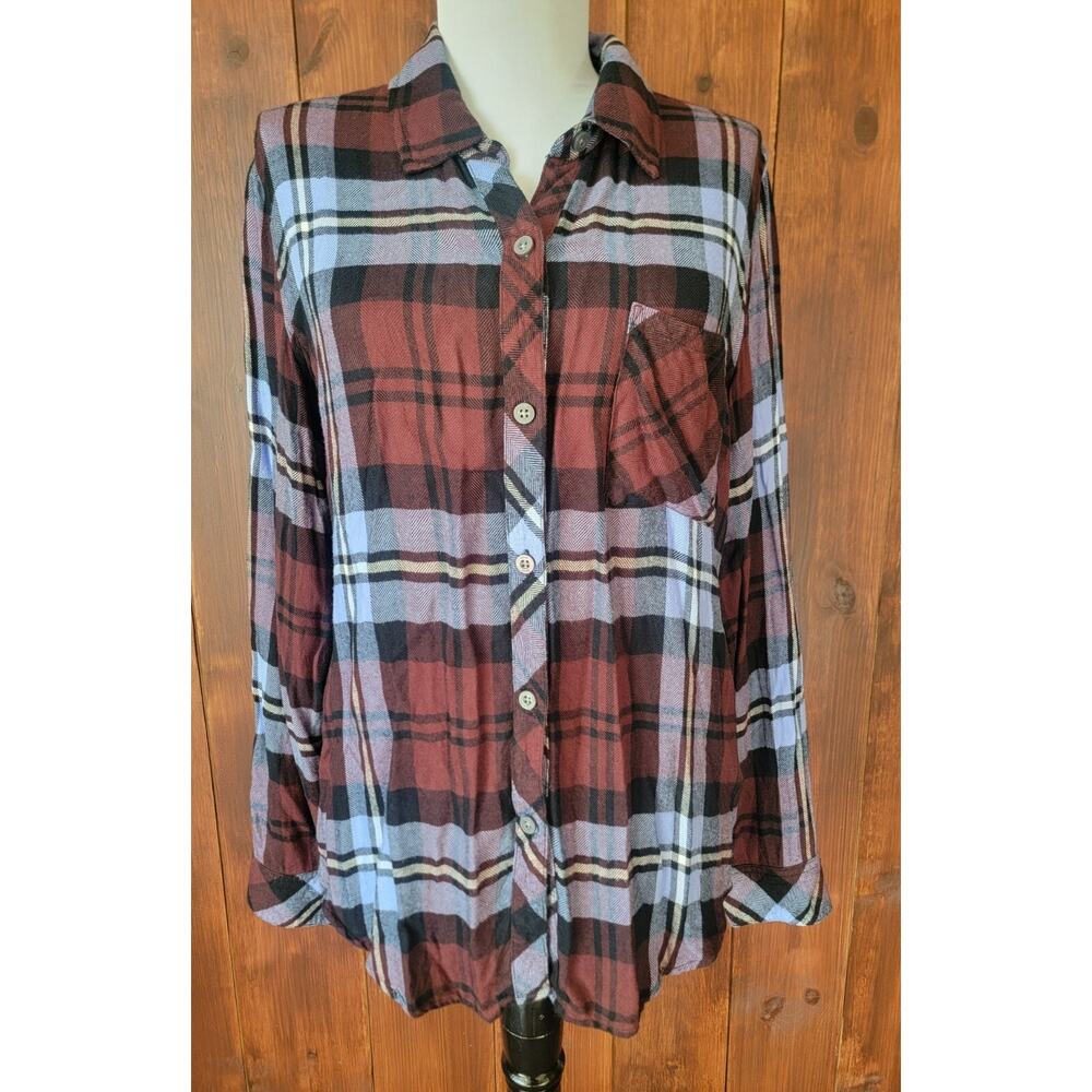 Rails Women M "Hunter" Button Up Plaid Shirt Mulberry Plum Blue 100% Rayon Soft